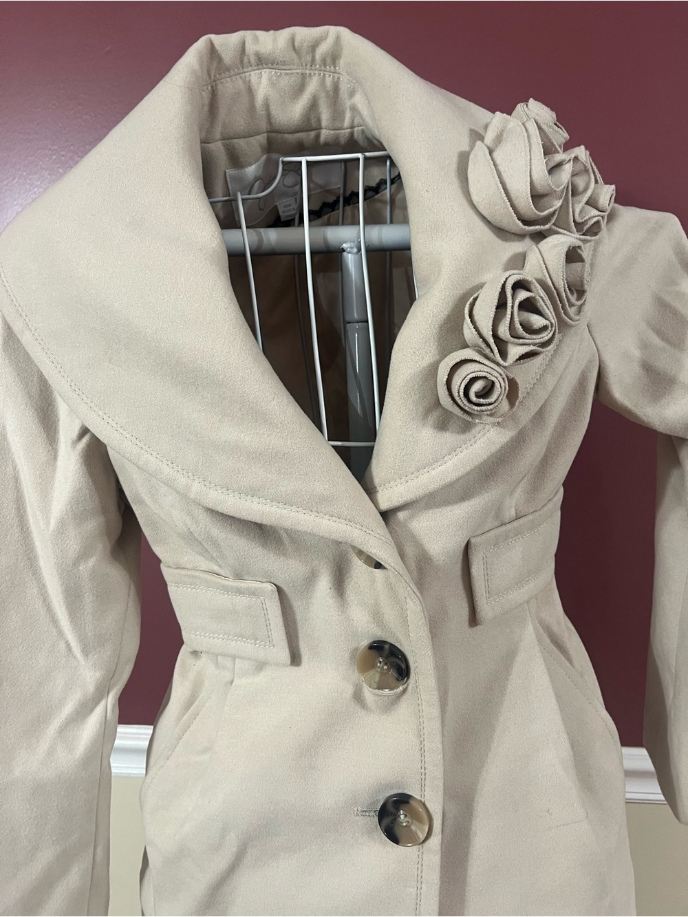 Jessica Simpson Cream Floral Appliqué Pea Coat